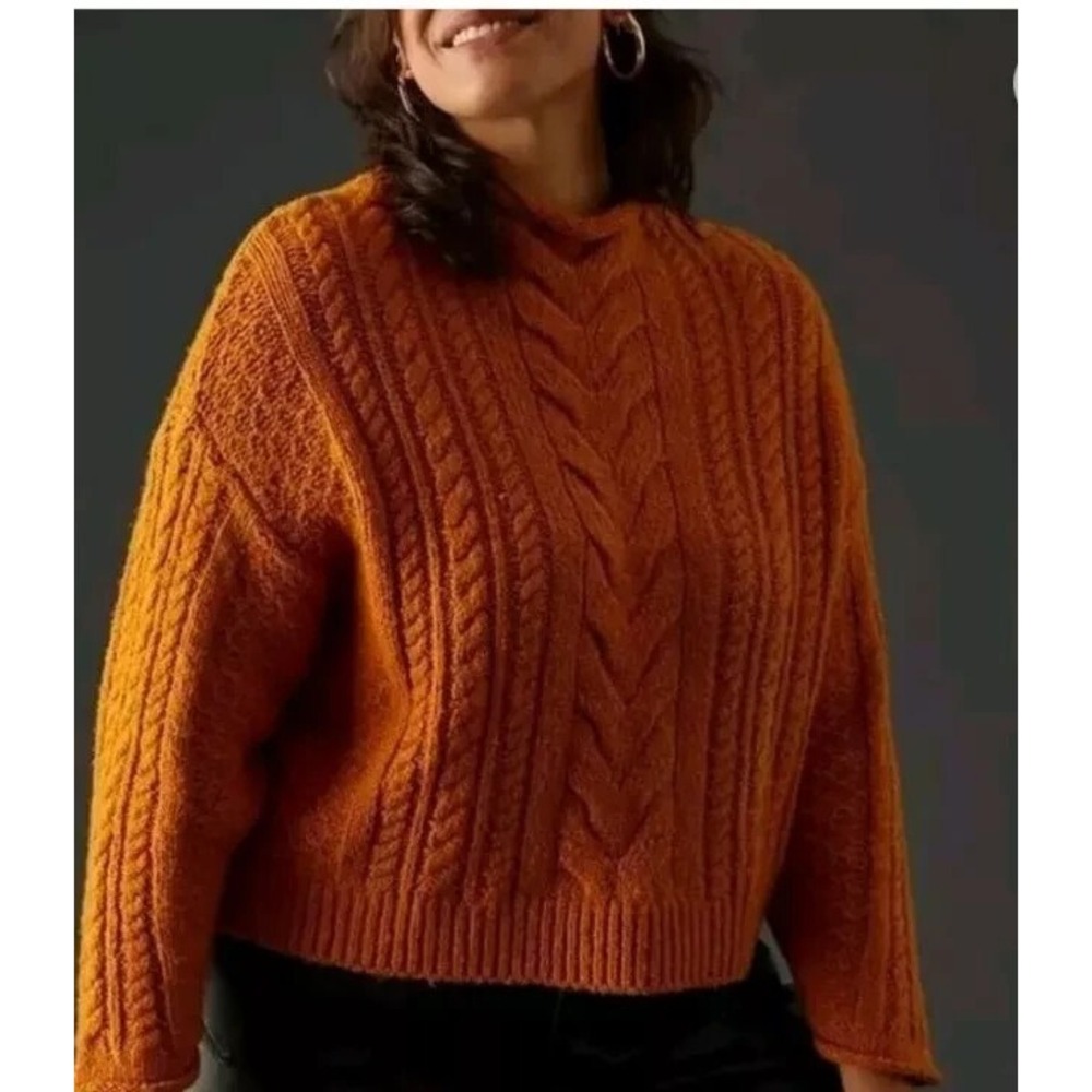 Anthropologie Pilcro Mock Neck Cable Chunky Burnt Orange Sweater XXS A000532